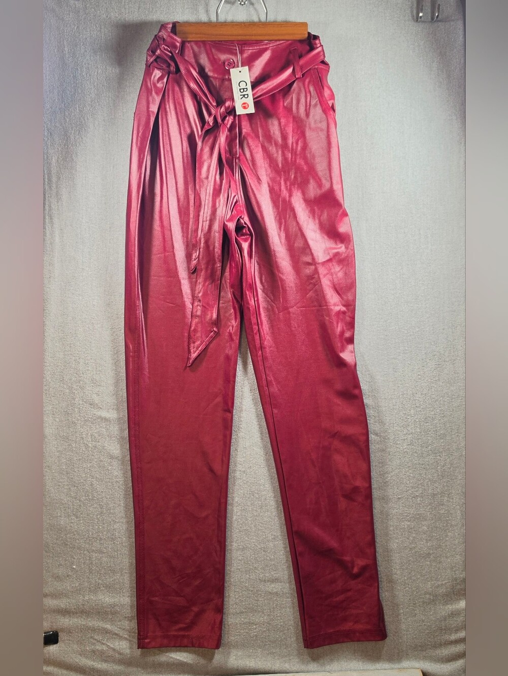 CBR Women's Burgundy Satin Faux Leather Tie-Waist Pants Large NWT